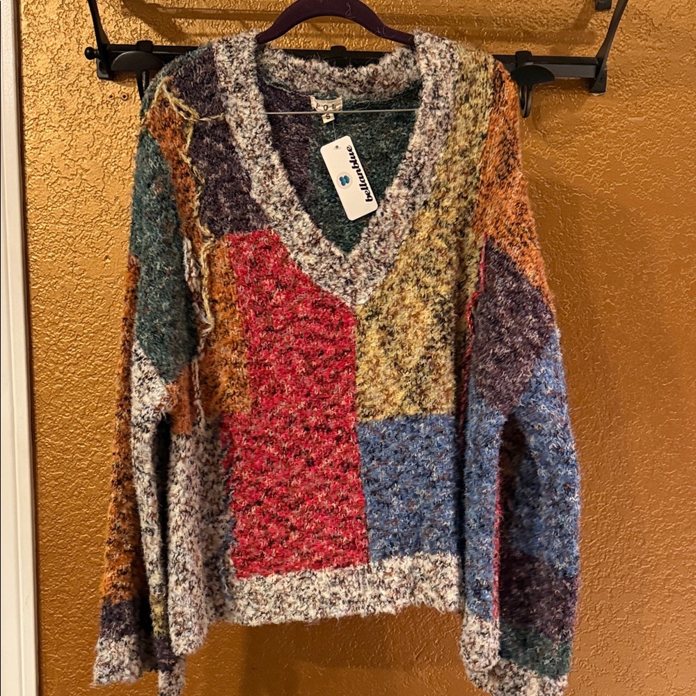 POL Multicolored Patchwork V-Neck Sweater Small N… - image 1